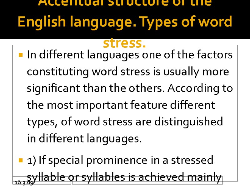 16.3.09 Accentual structure of the English language. Types of word stress.  In different